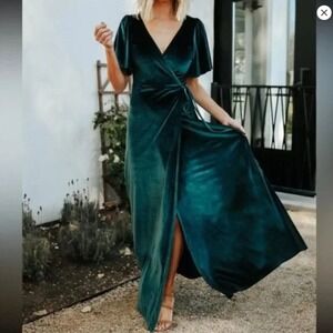 Baltic Born Meghan Wrap Maxi Dress XS Emerald Green Velvet Holiday Bridesmaid